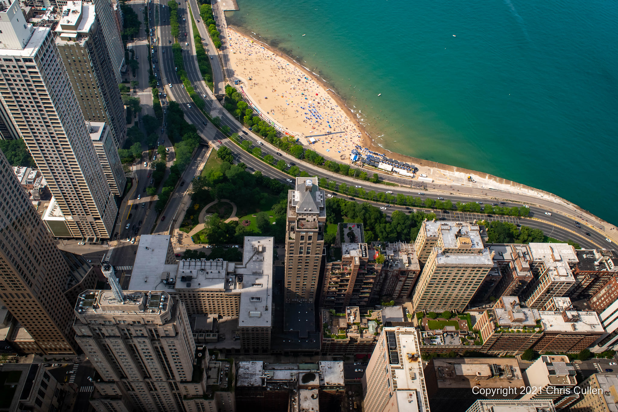 Aerial view of Oak Street Beach and the Gold Coast