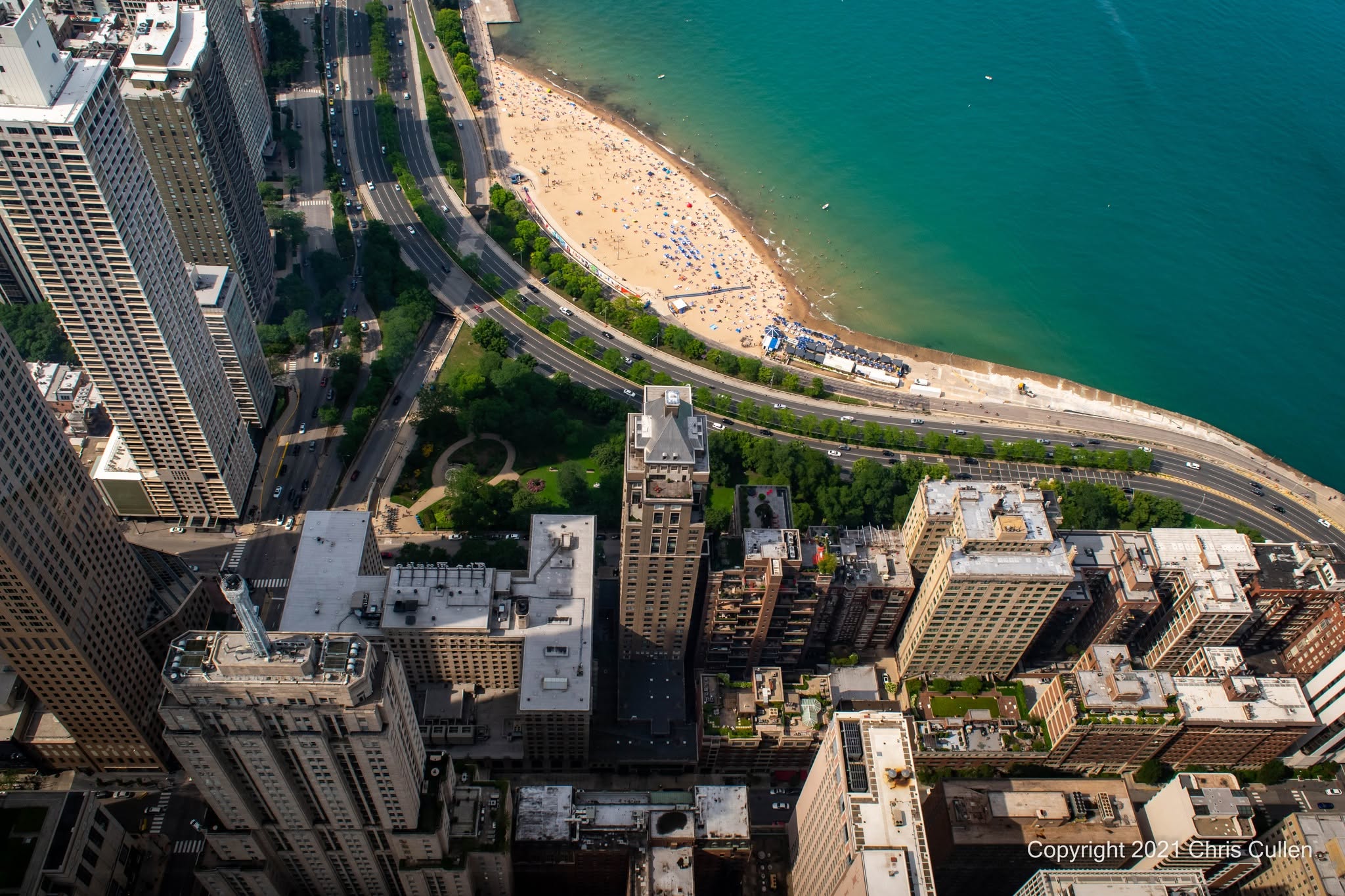 Aerial view of the lakefront, beach, and Lake Shore Drive