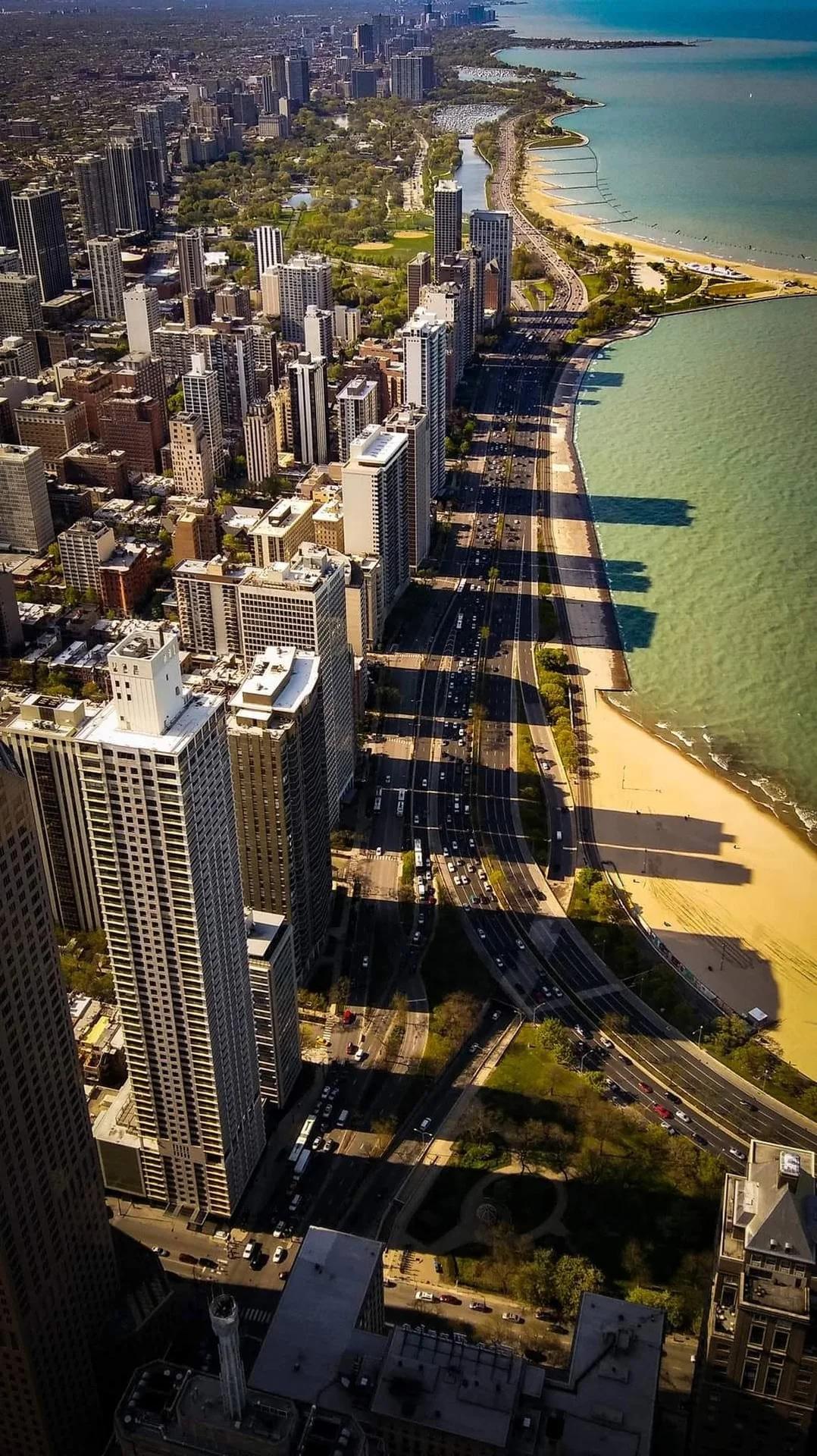 The Chicago skyline at dusk from above
