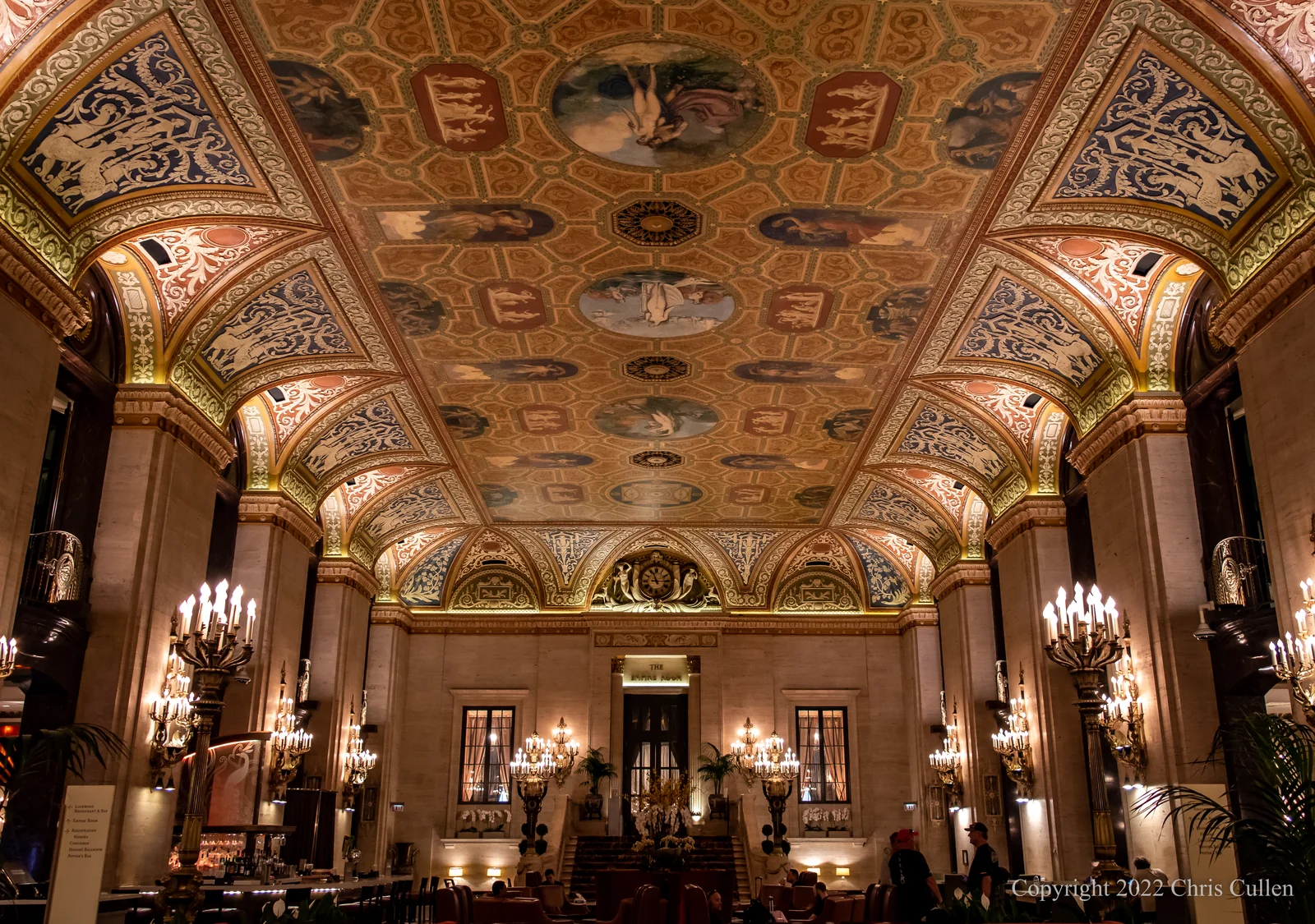 The ornate Grand Ballroom ceiling of the Palmer House