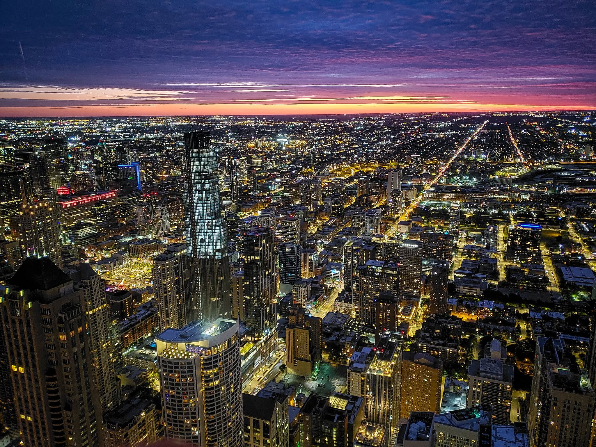 The Chicago skyline at dusk from above