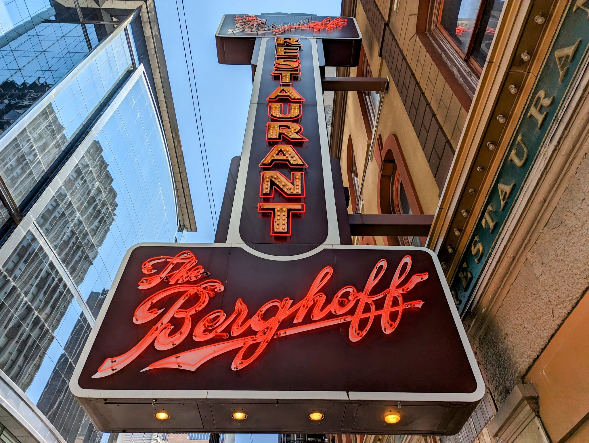 The vintage neon sign of the Berghoff restaurant