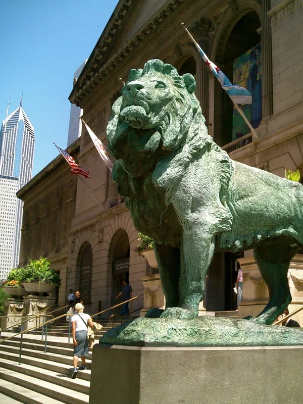 The bronze lion sculpture guarding the Art Institute of Chicago on Michigan Avenue
