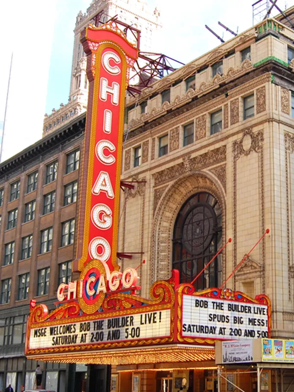 The iconic vertical Chicago Theatre marquee on State Street