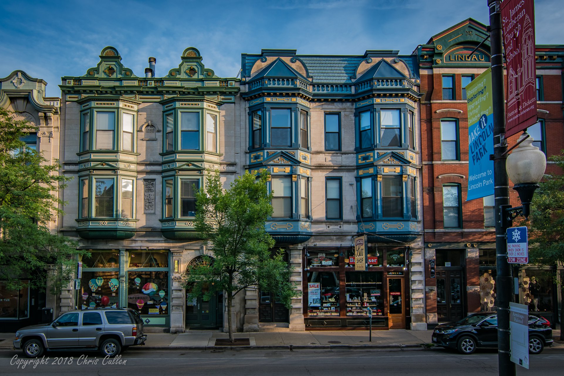 Victorian commercial storefronts along Armitage Avenue in Lincoln Park