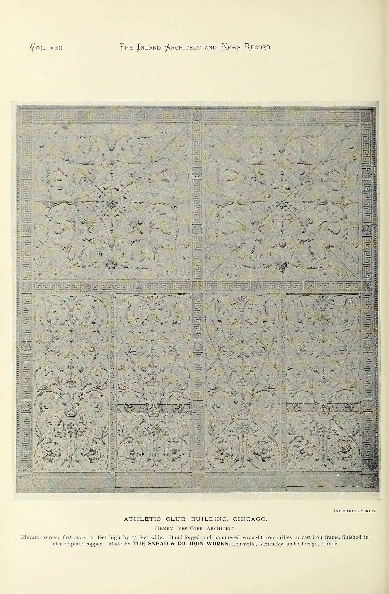 An 1893 Inland Architect plate showing the wrought-iron elevator screen of the Chicago Athletic Club Building by Henry Ives Cobb