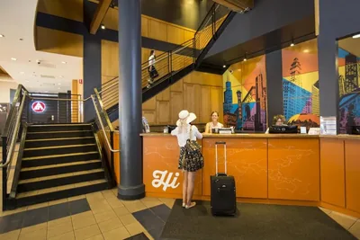Lobby at HI Chicago \u2014 the J. Ira and Nicki Harris Family Hostel