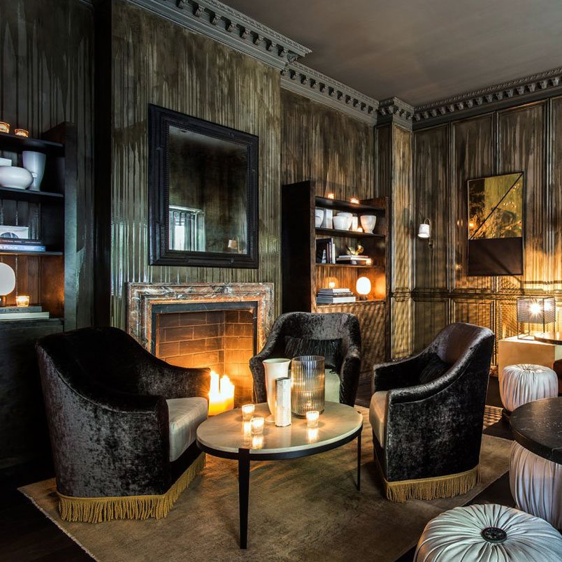 A fireside lobby lounge